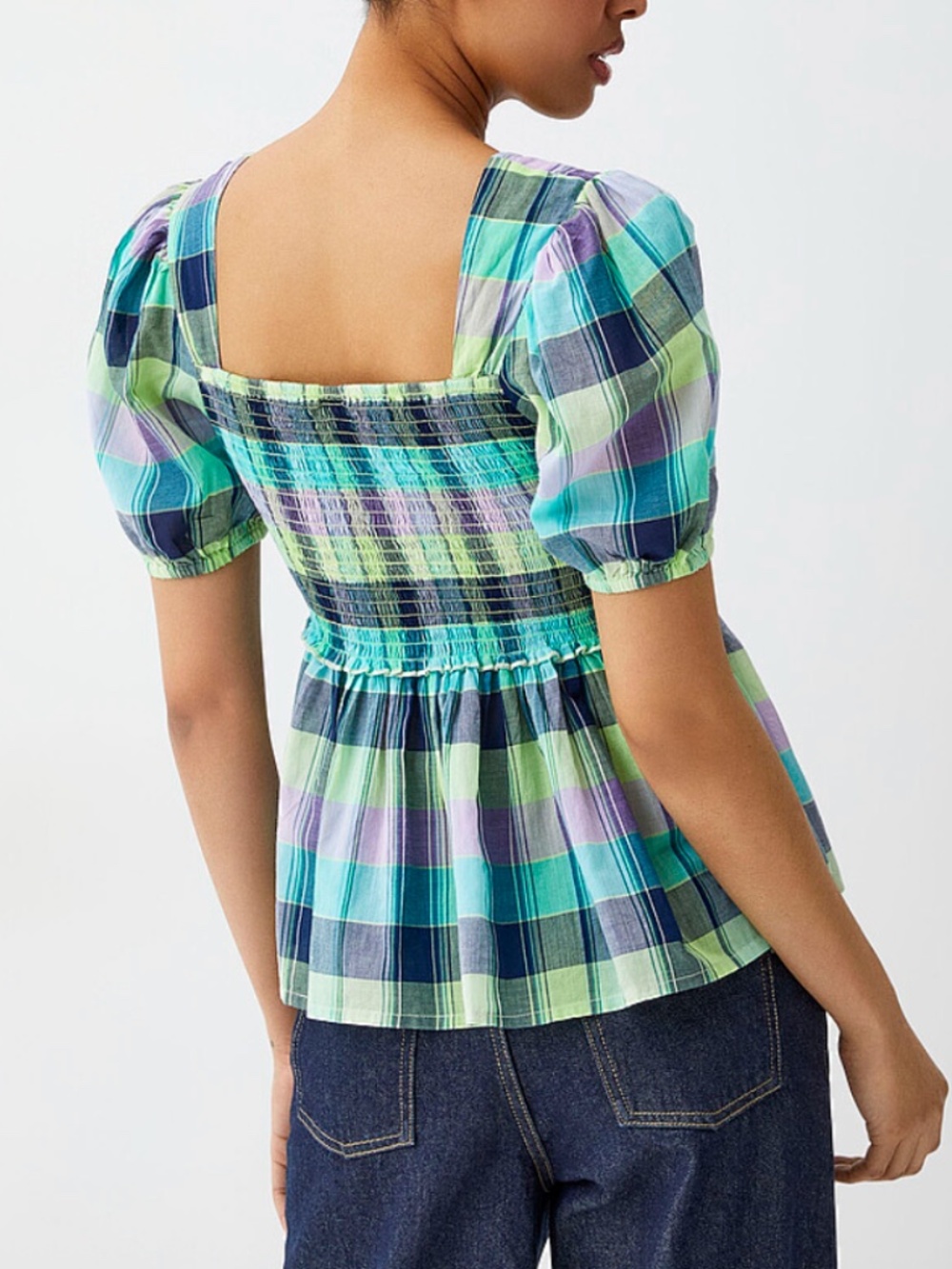 Blue, green and purple boho peasant plaid smocked cotton blouse NWT - Picture 2 of 10